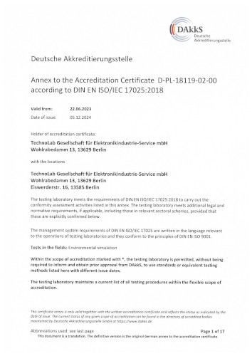 Anhang zu Zertifikat ISO 17025:2018 TechnoLab GmbH